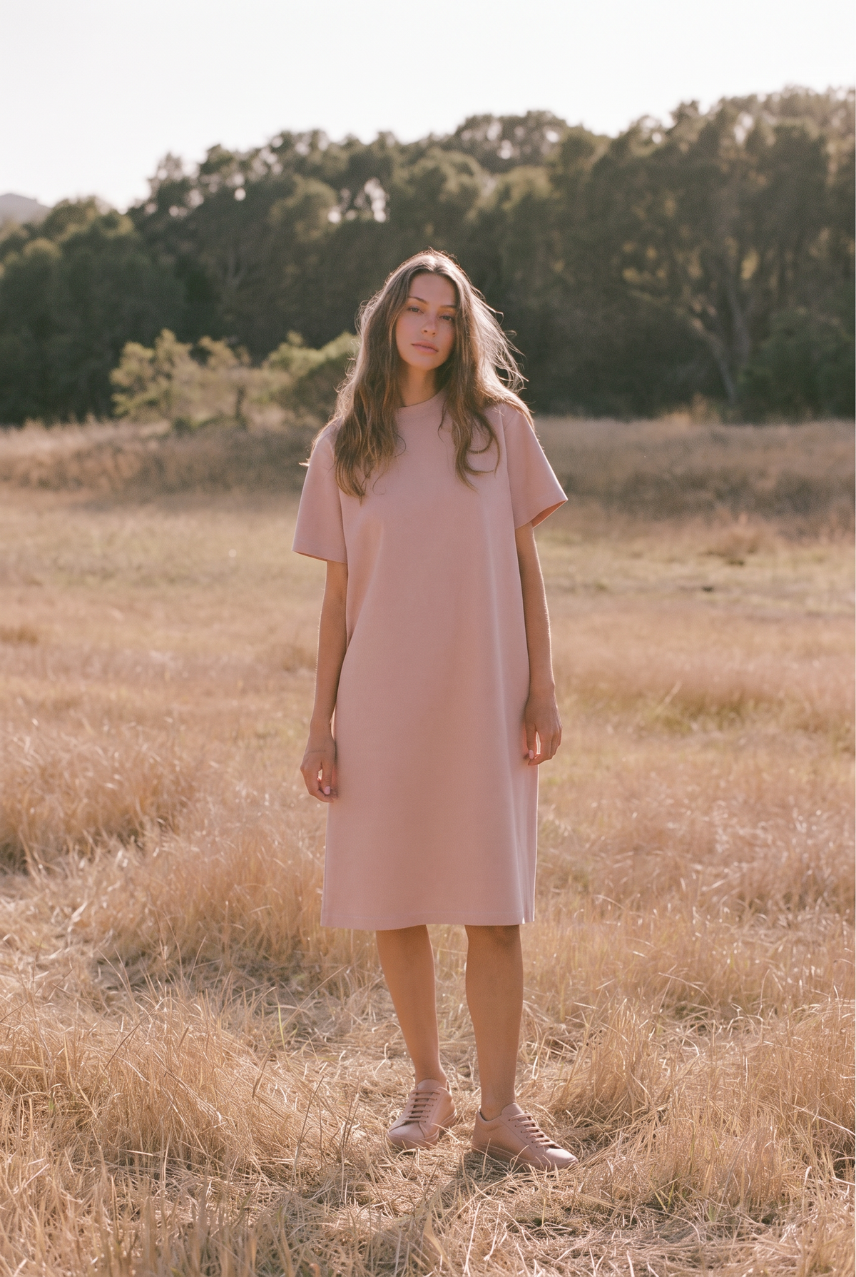 The Adeline Midi in Blush, in the field