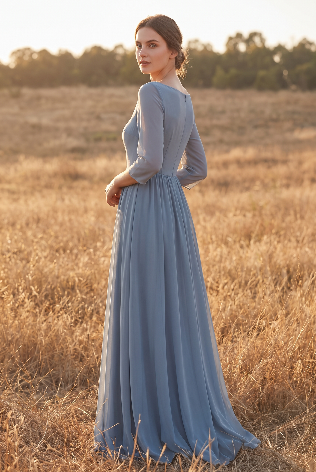 The Aster Maxi in Dusty Blue, over the shoulder