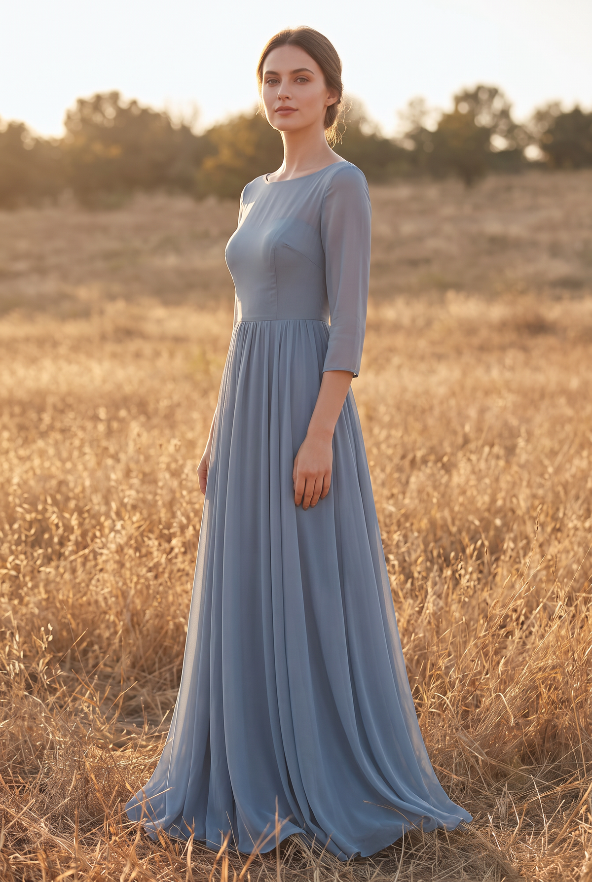 The Aster Maxi in Dusty Blue, three quarter view