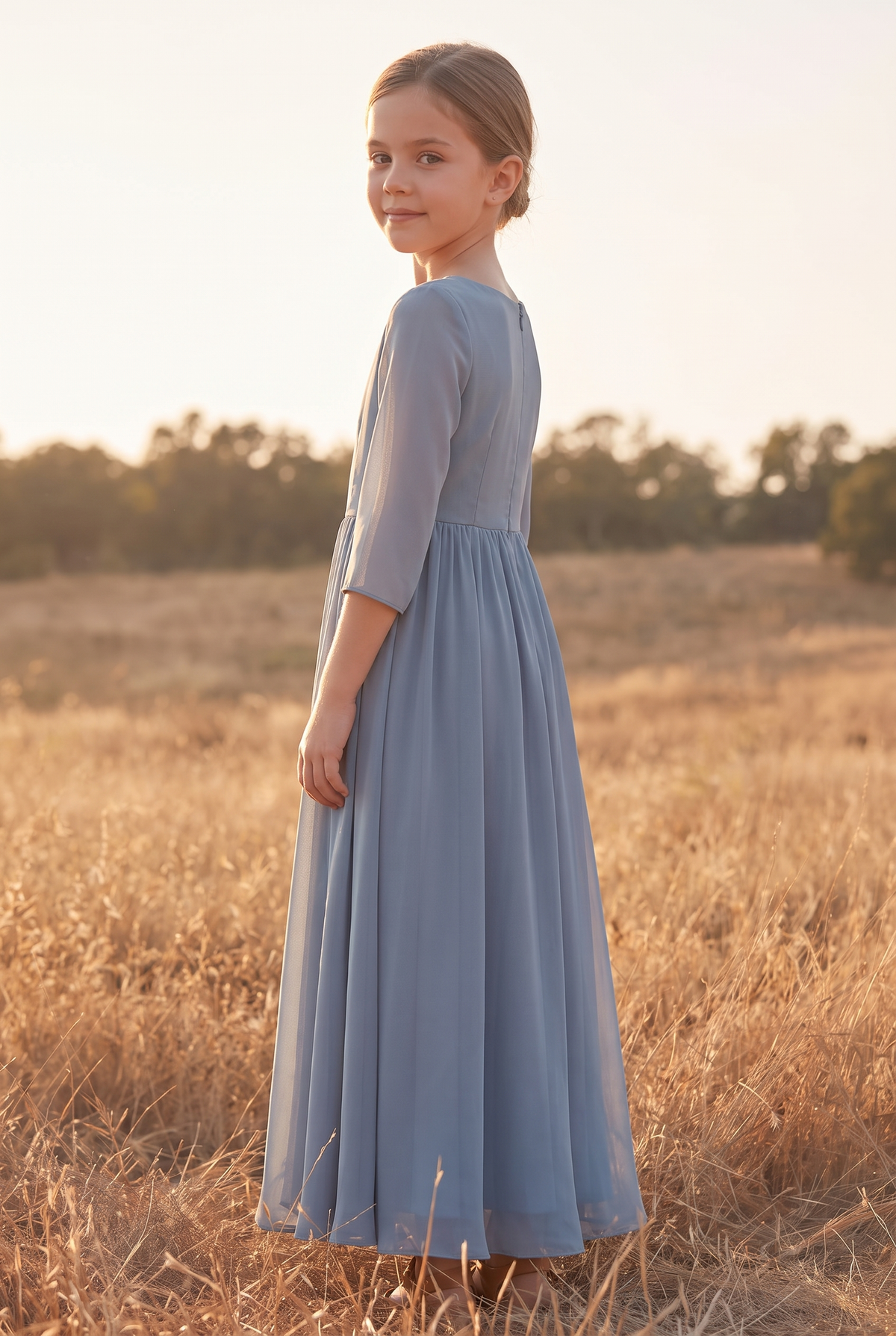 The Aster Mini in Dusty Blue, over the shoulder