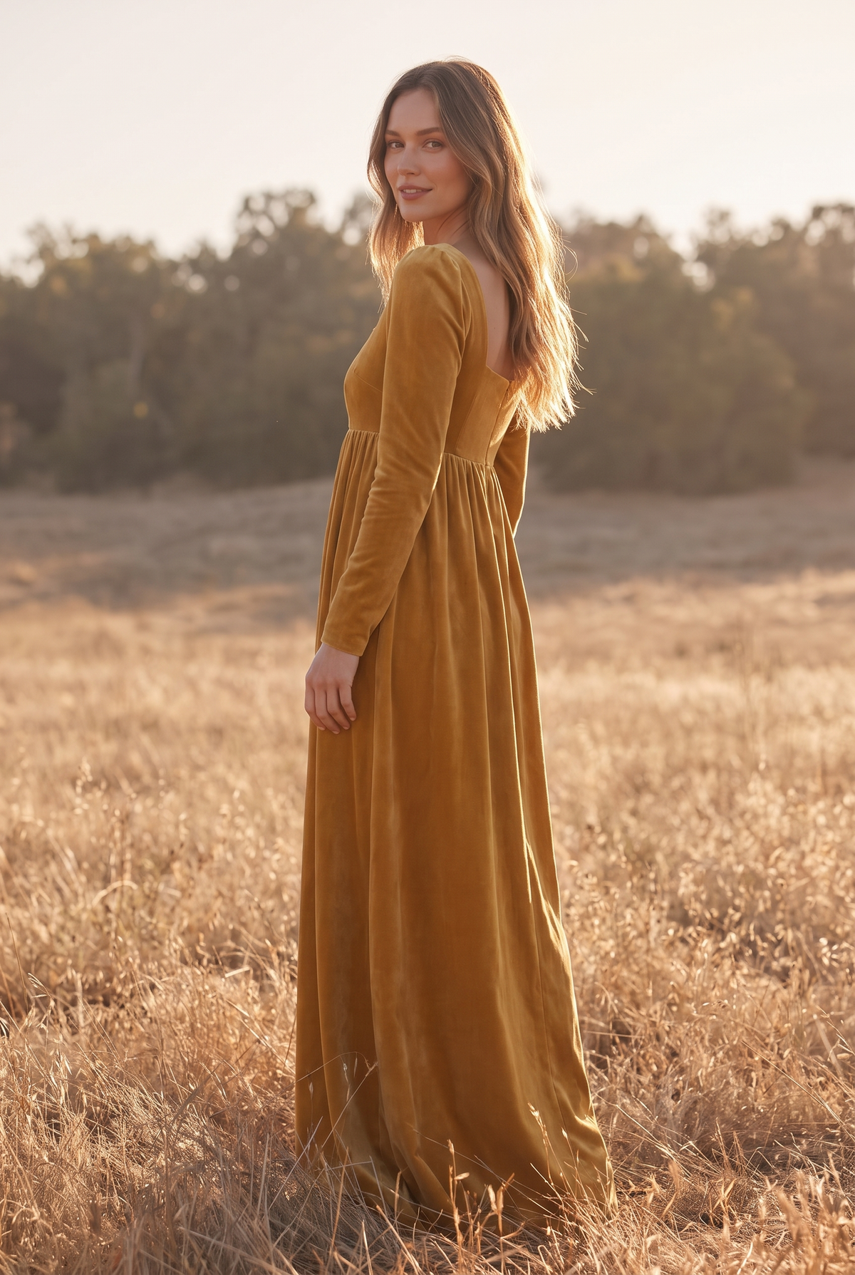 The Beatrix Maxi in Golden, over the shoulder