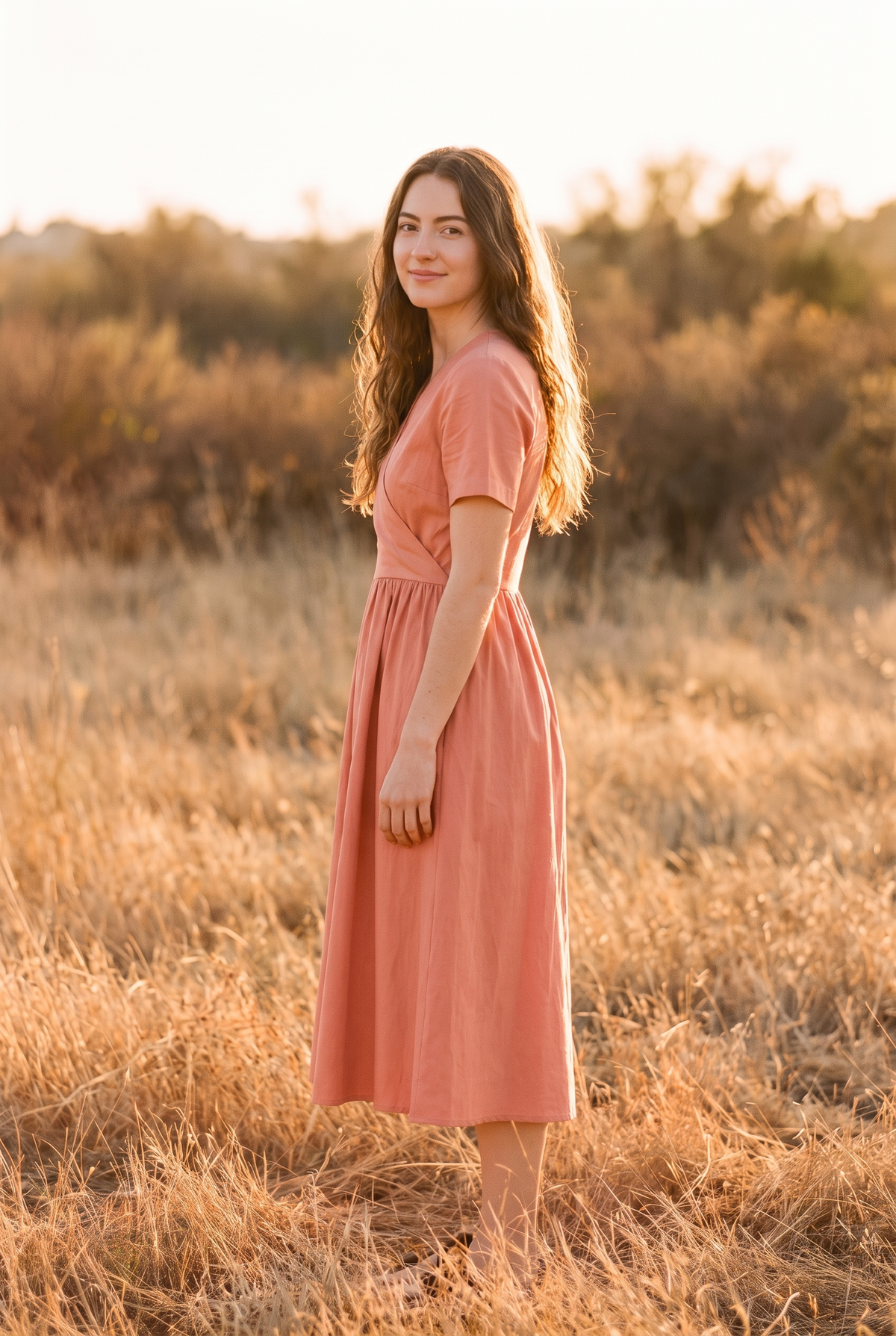 The Clementine Midi in Coral, three quarter view