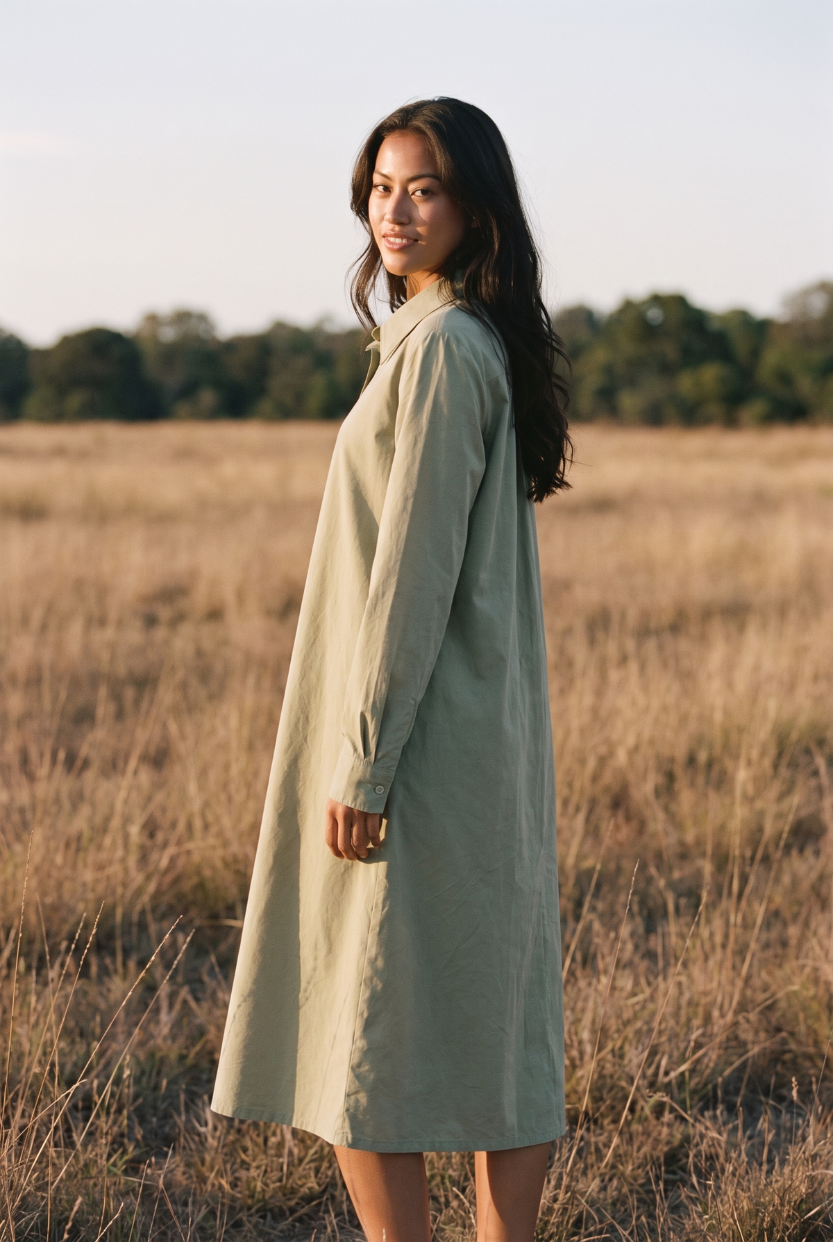 The Cora Midi in Sage, over the shoulder