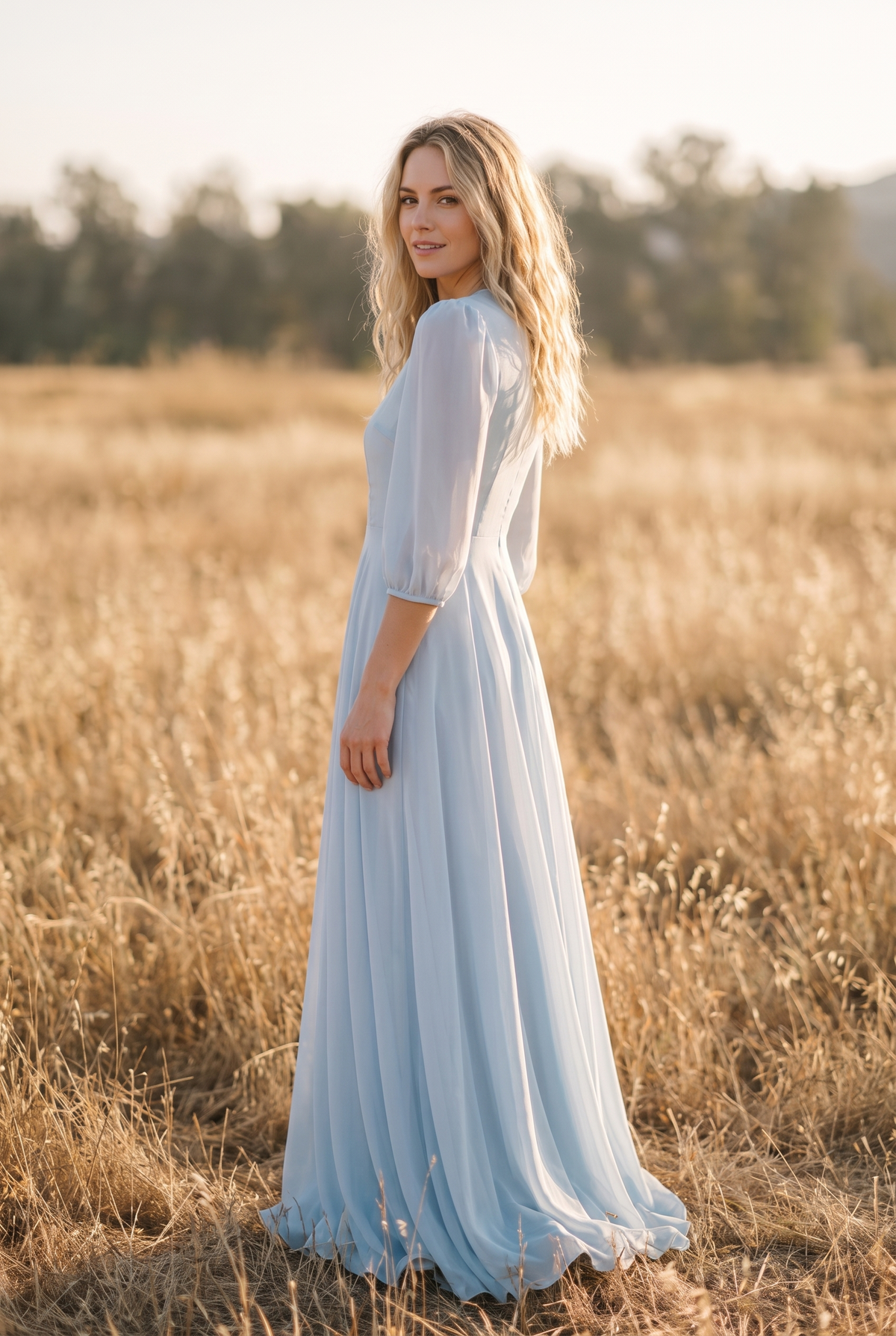 The Elowen Maxi in Dusty Blue, over the shoulder
