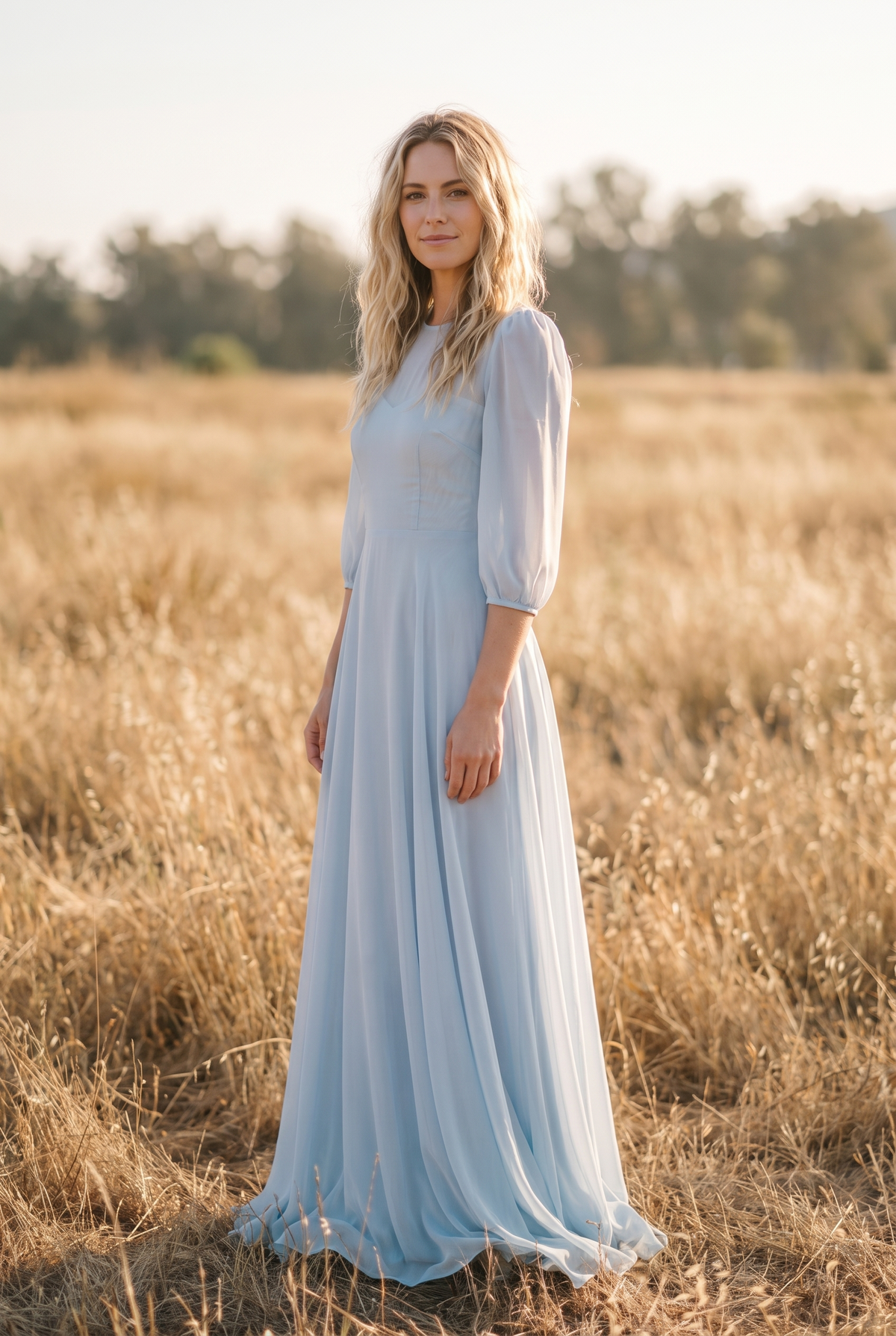 The Elowen Maxi in Dusty Blue, three quarter view