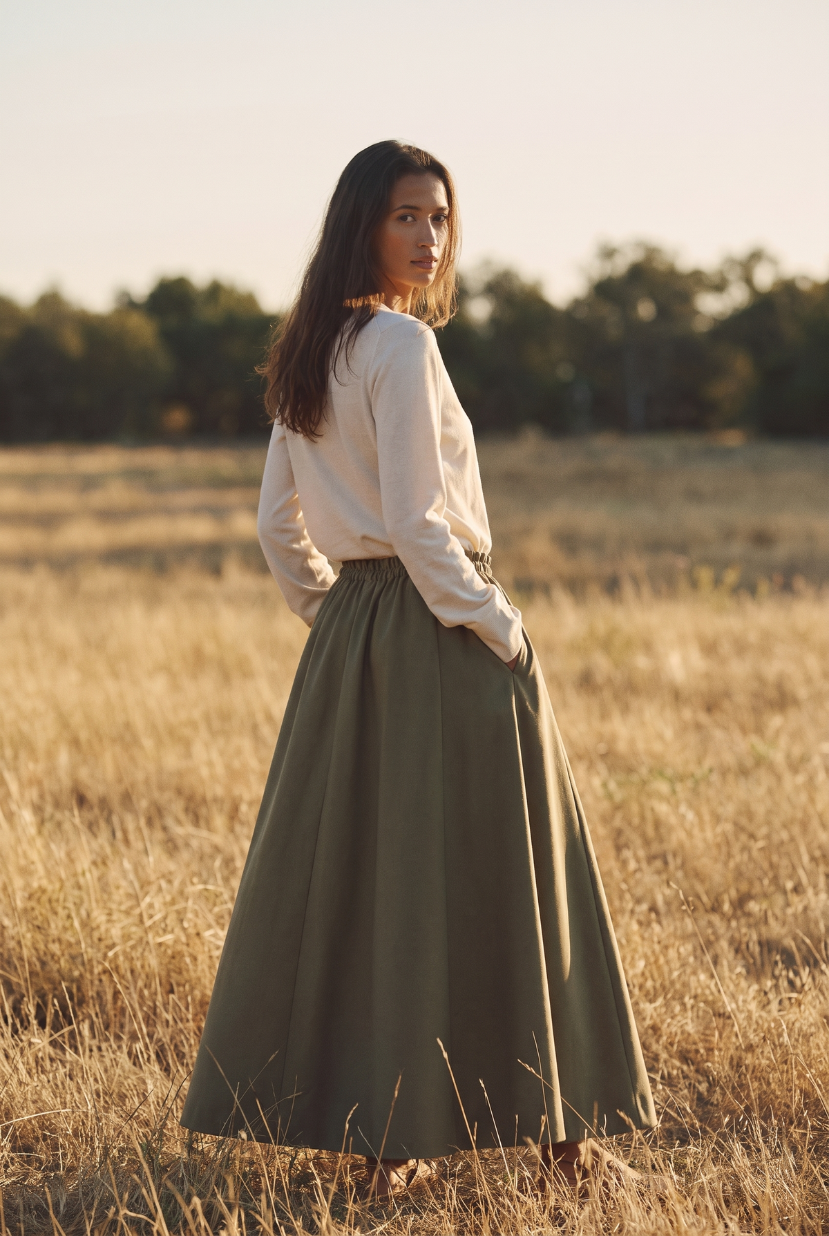 The Fern Skirt in Olive, over the shoulder
