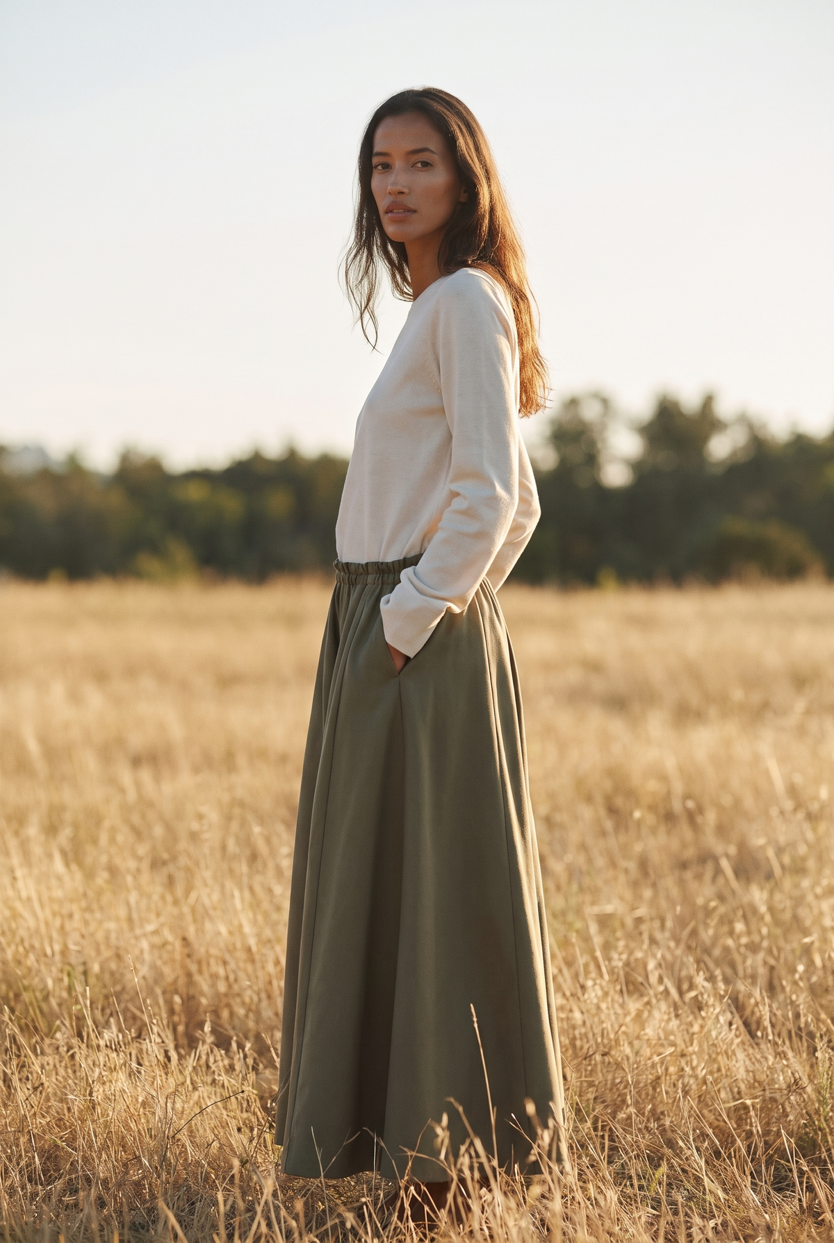 The Fern Skirt in Olive, three quarter view