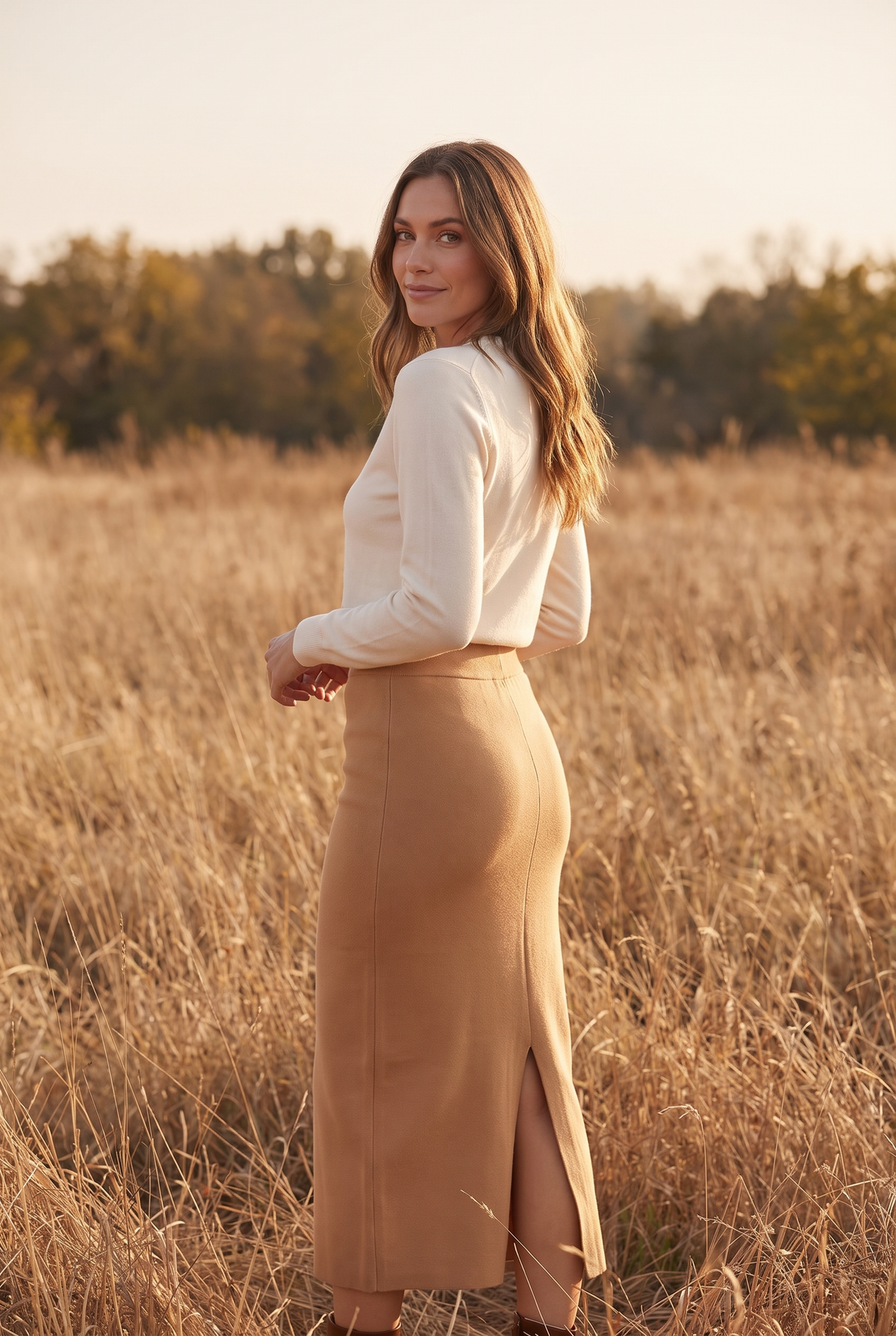 The Juno Skirt in Camel, over the shoulder