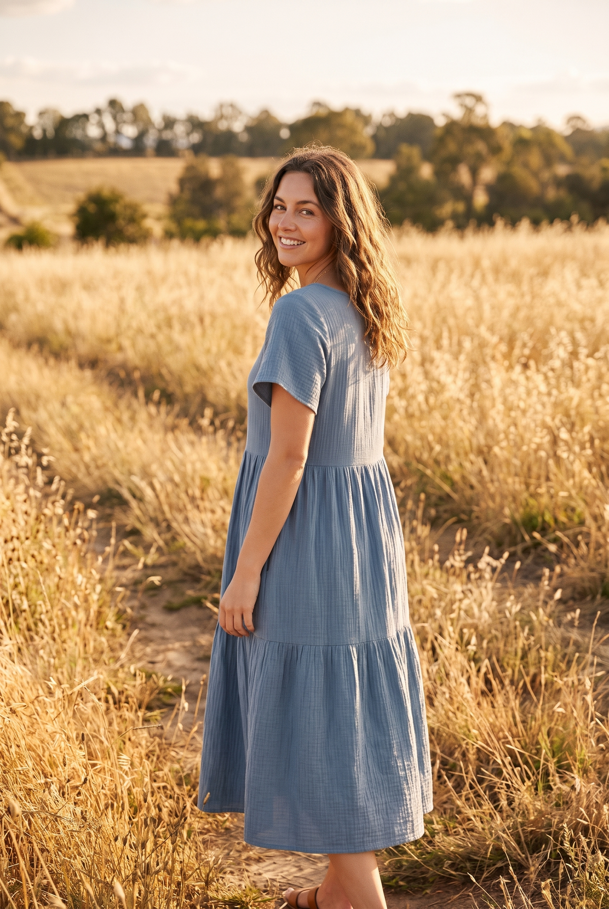 The Maeve Midi in Dusty Blue, over the shoulder