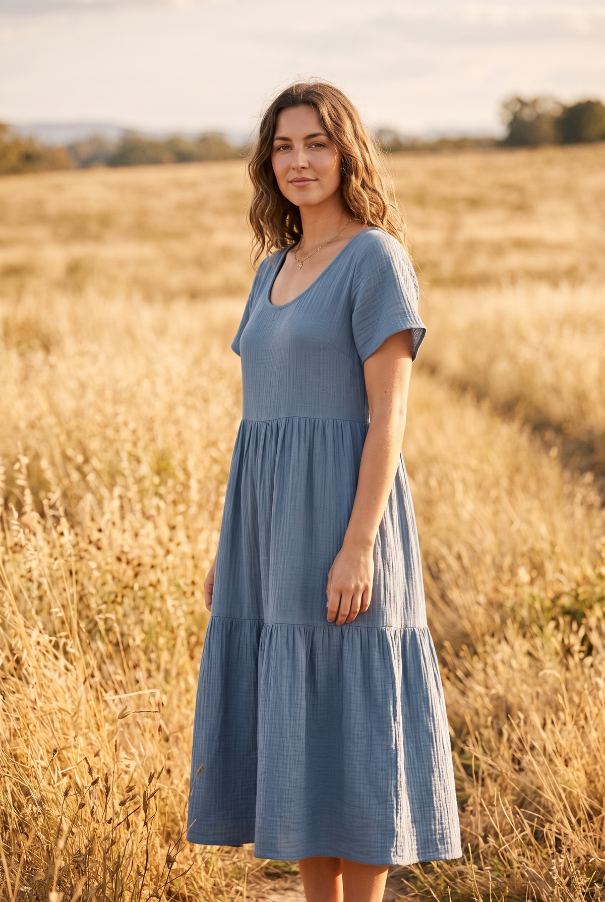The Maeve Midi in Dusty Blue, three quarter view