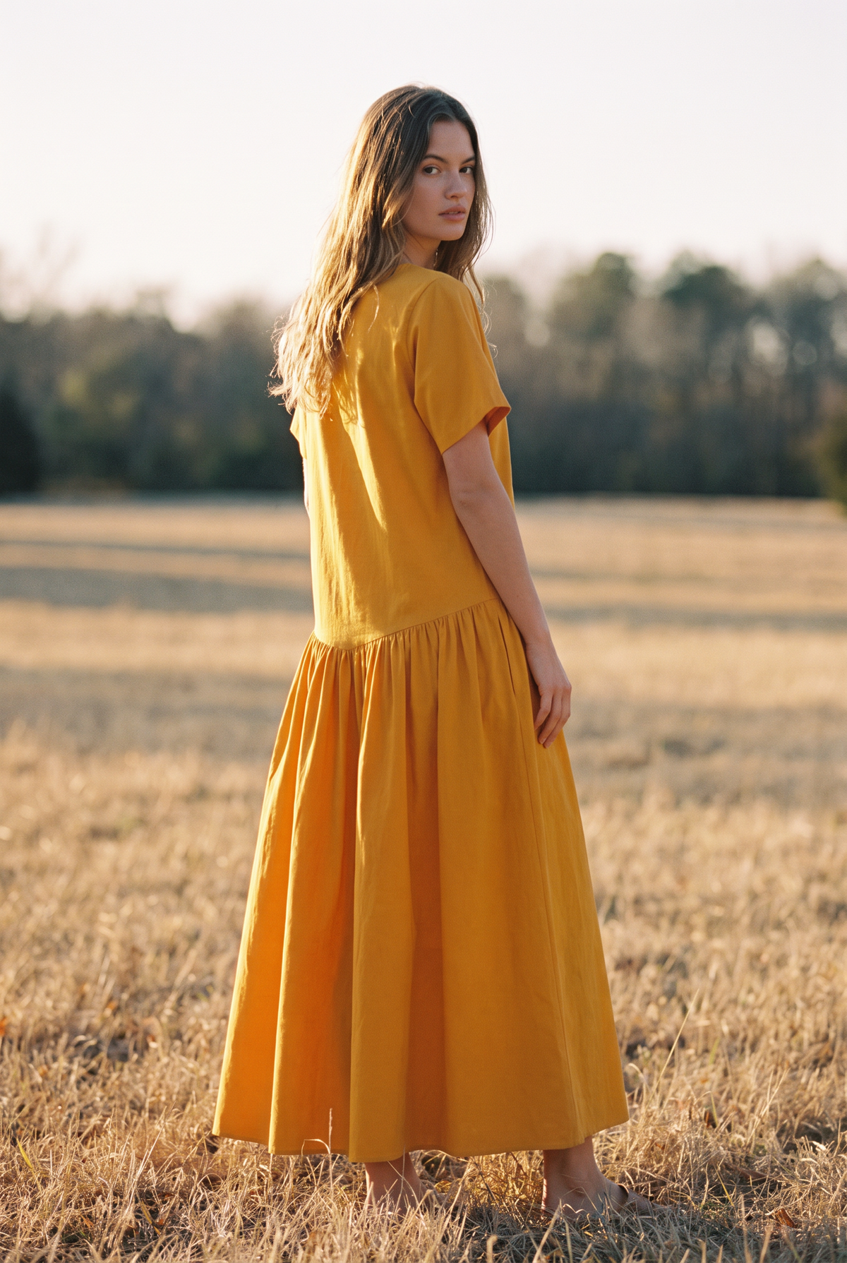 The Marigold Maxi in Golden, over the shoulder