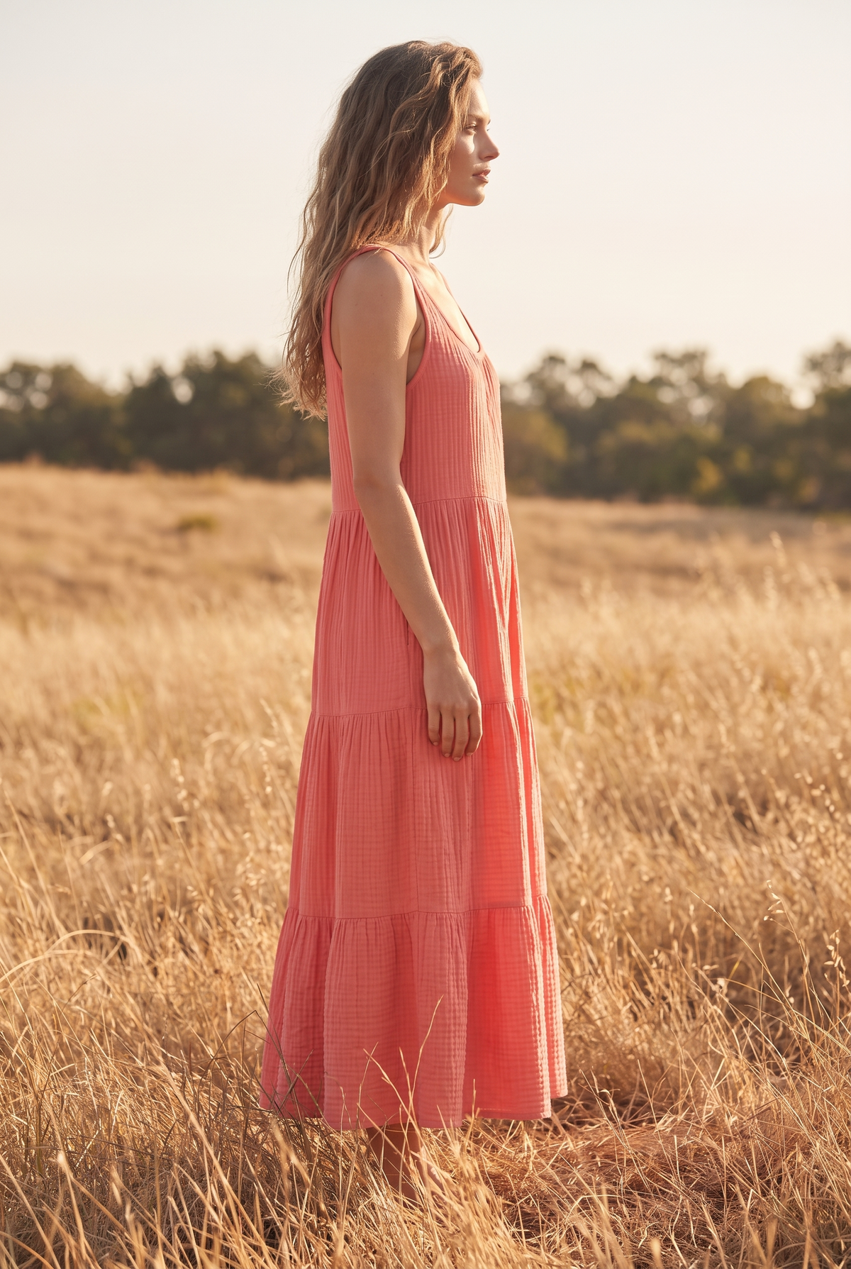 The Primrose Maxi in Coral, side