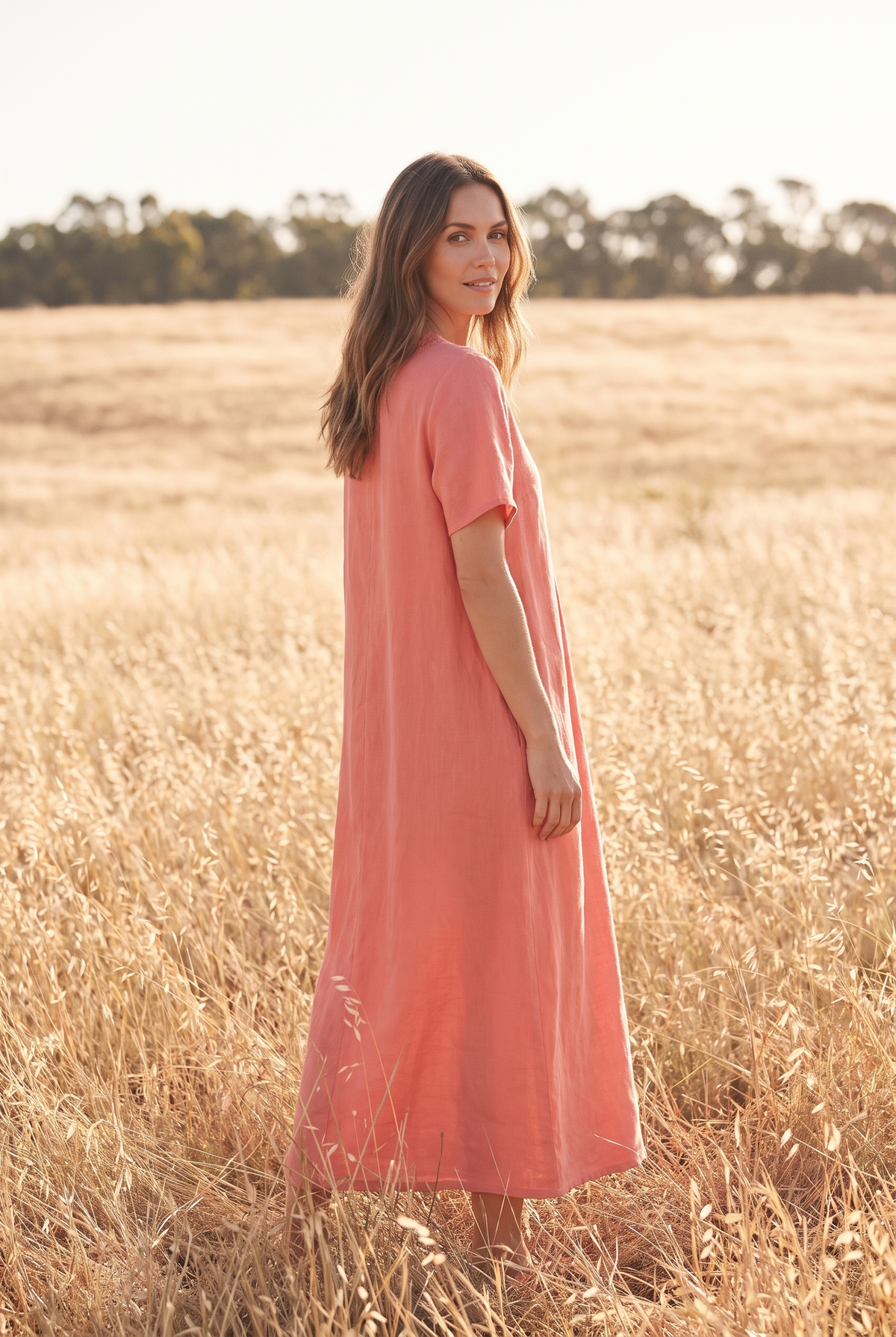 The Rosalind Maxi in Coral, over the shoulder