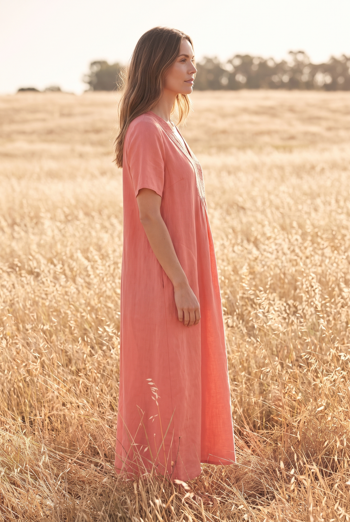The Rosalind Maxi in Coral, side