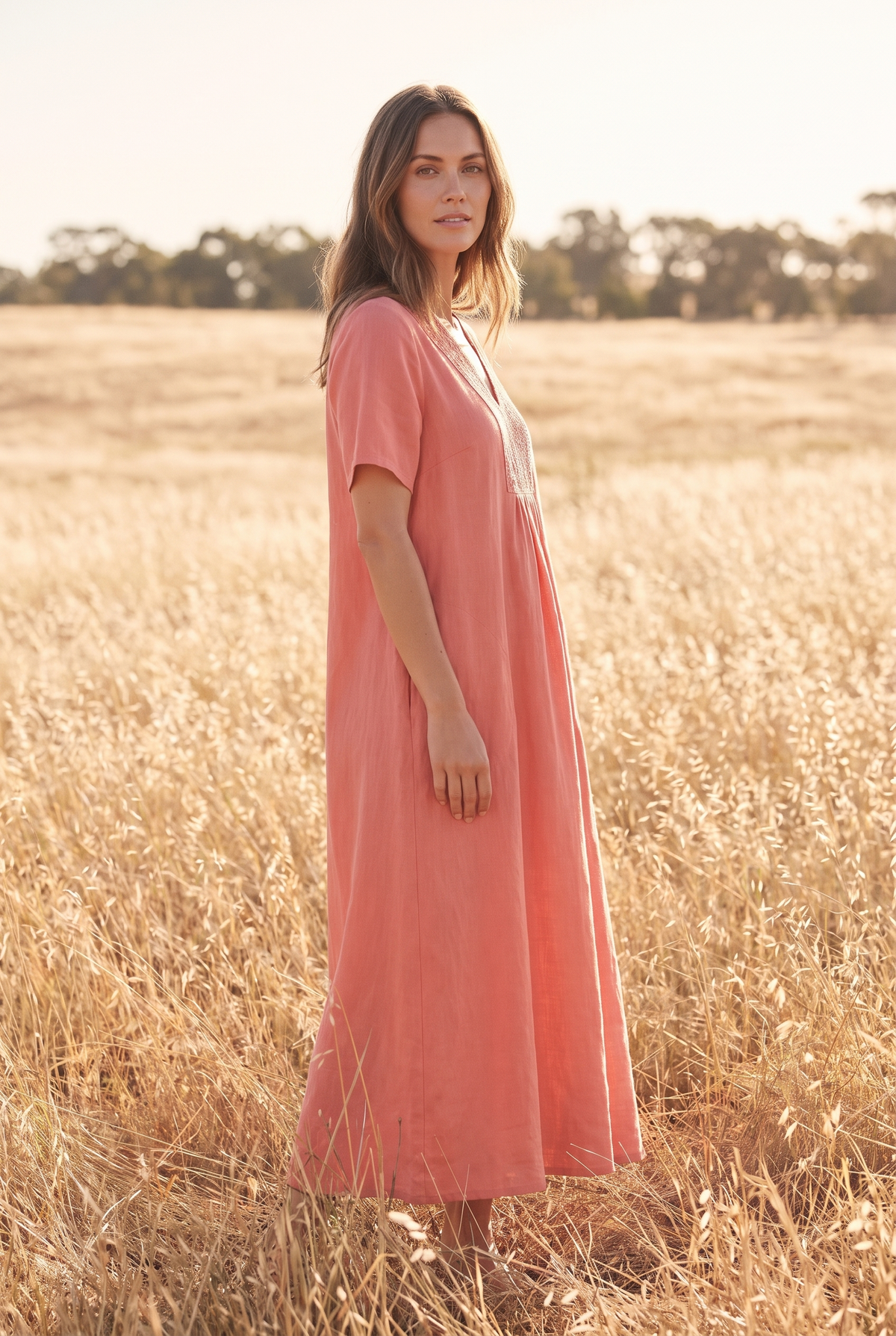 The Rosalind Maxi in Coral, three quarter view