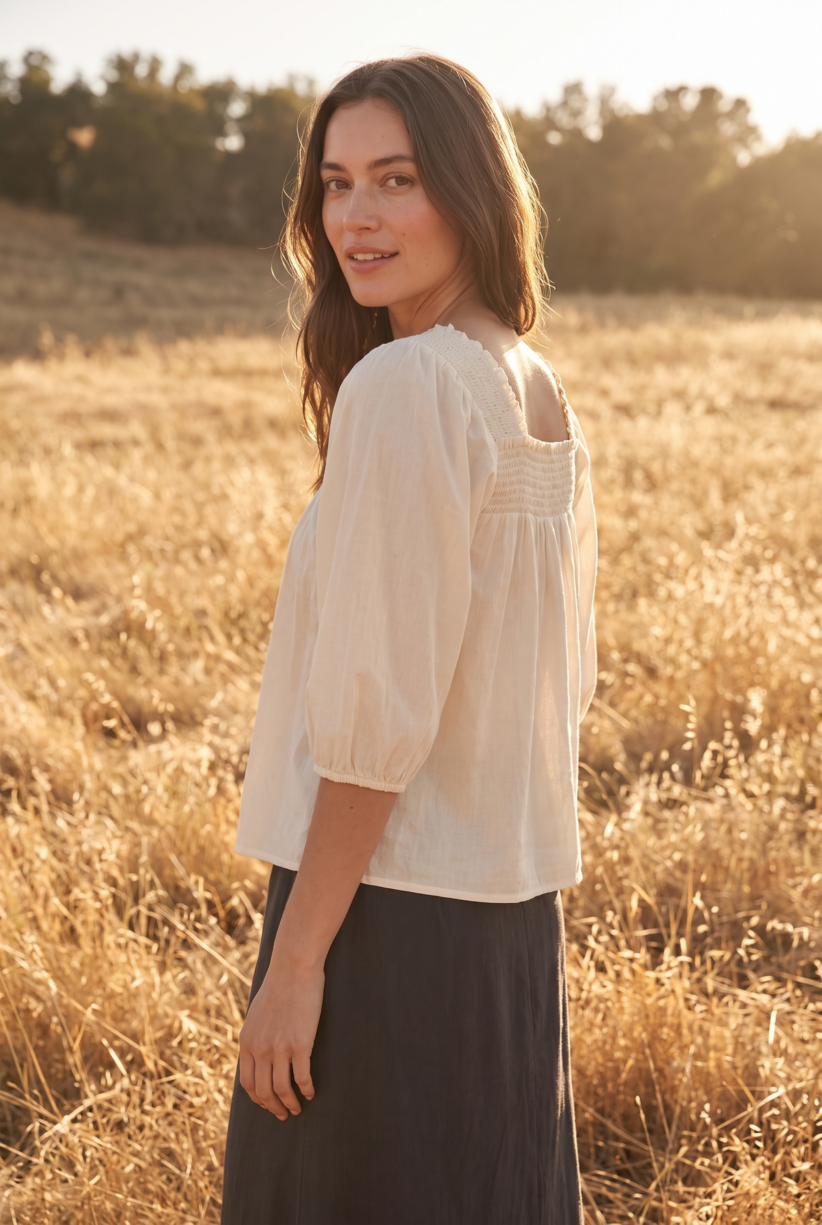 The Saffron Blouse in Cream, over the shoulder