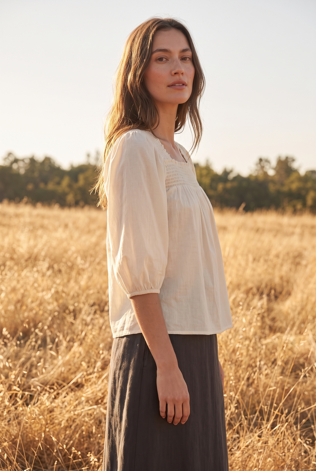 The Saffron Blouse in Cream, three quarter view
