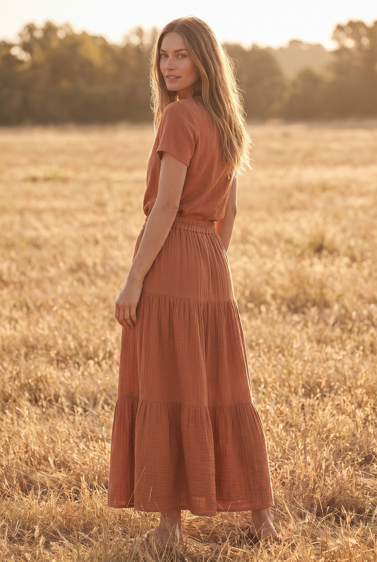 The Sorrel Skirt in Terracotta, over the shoulder