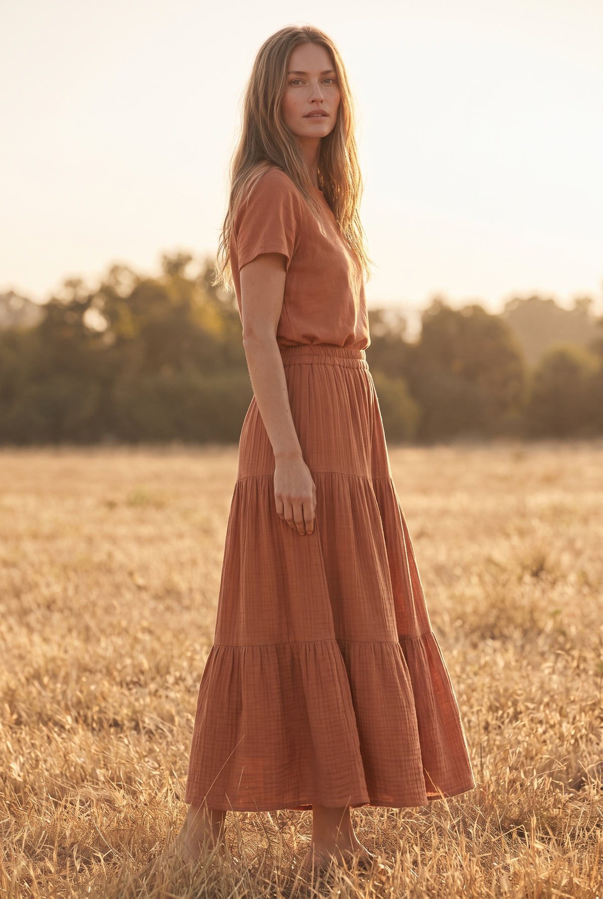 The Sorrel Skirt in Terracotta, three quarter view