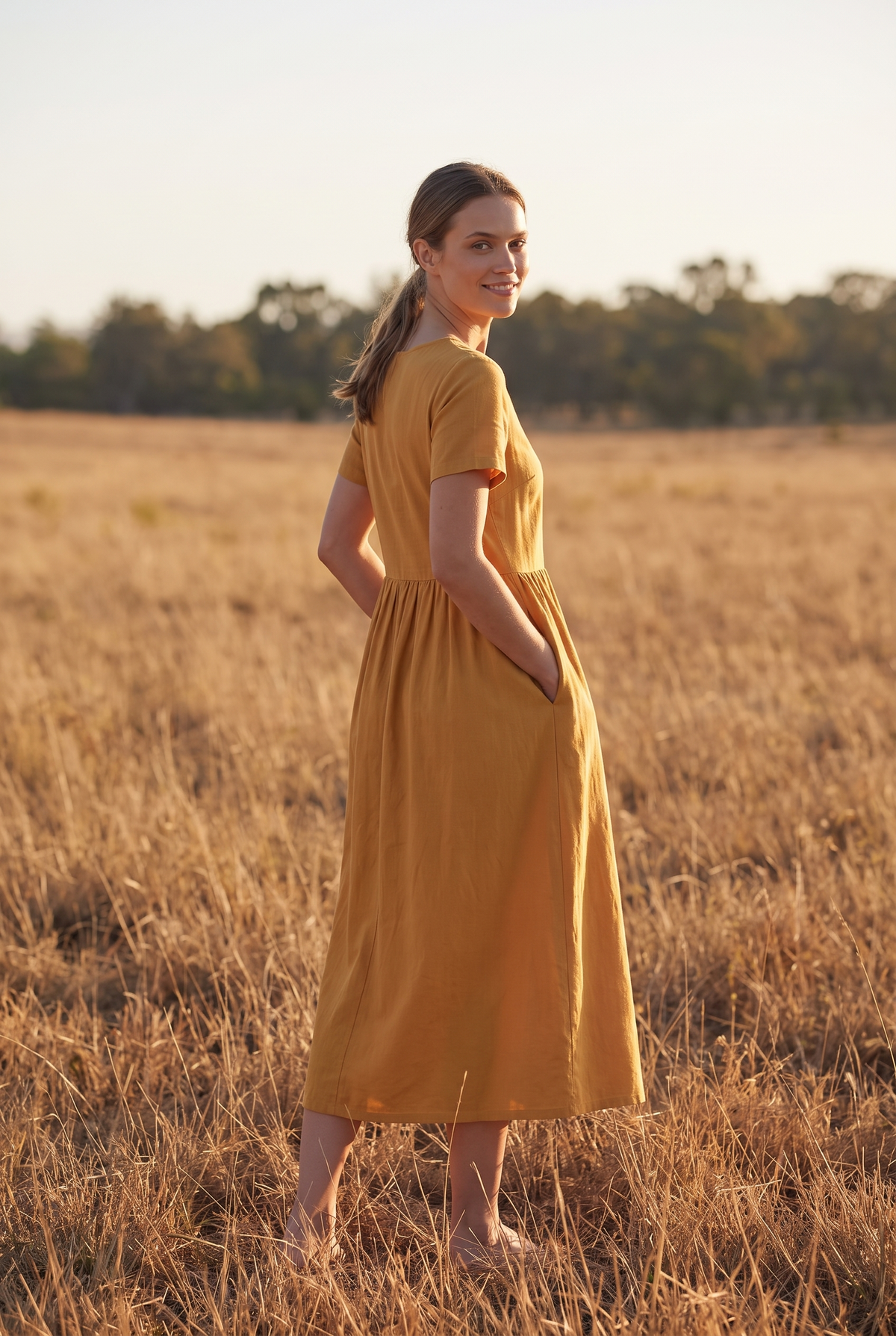 The Tansy Midi in Golden, over the shoulder
