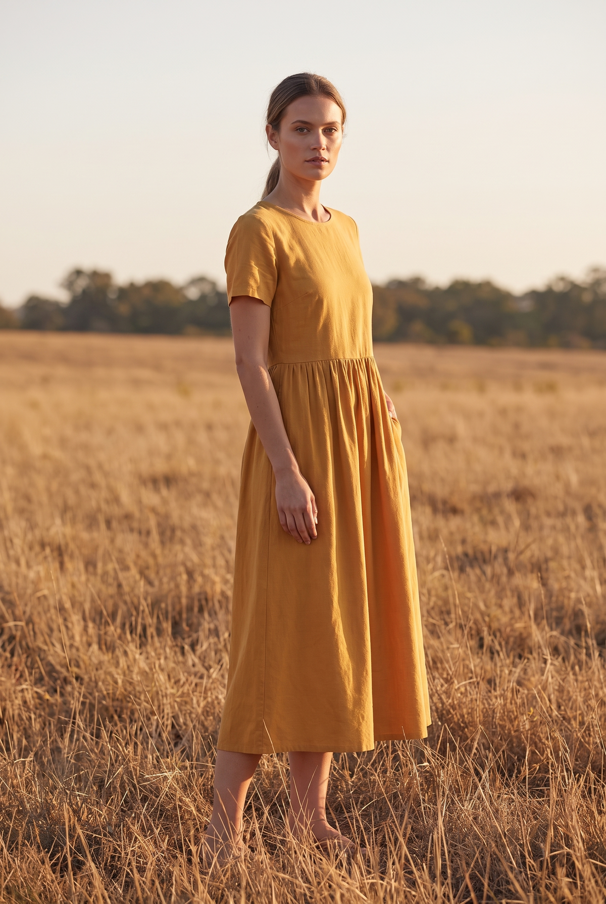 The Tansy Midi in Golden, three quarter view