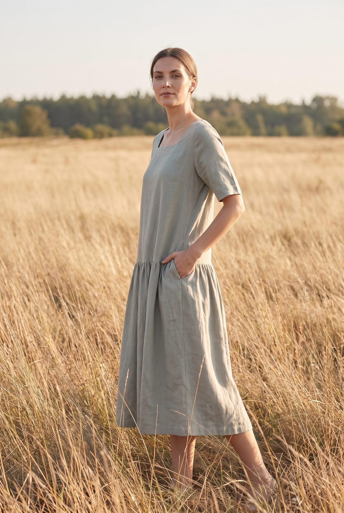 The Verity Midi in Sage, three quarter view