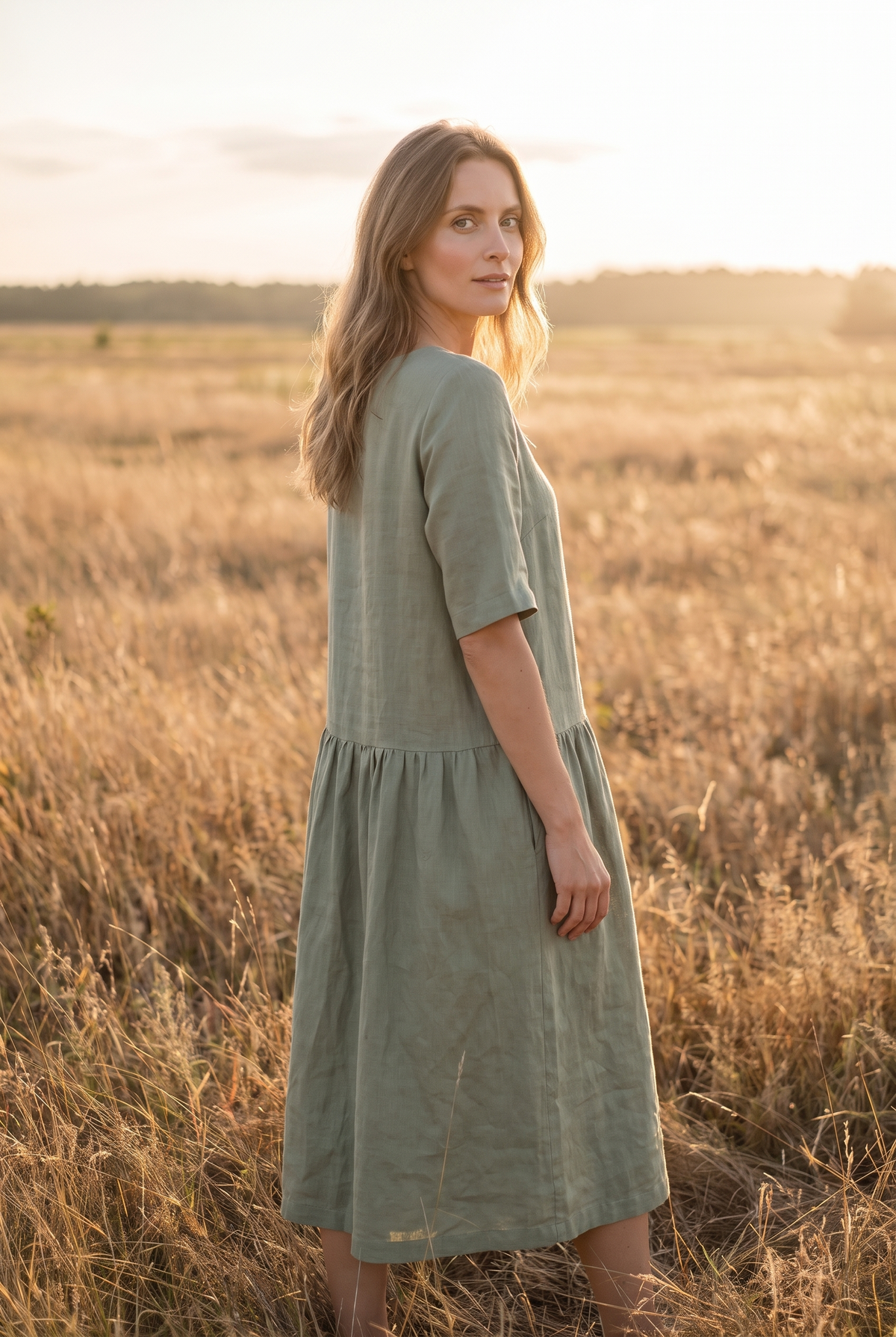 The Willow Midi in Sage, over the shoulder