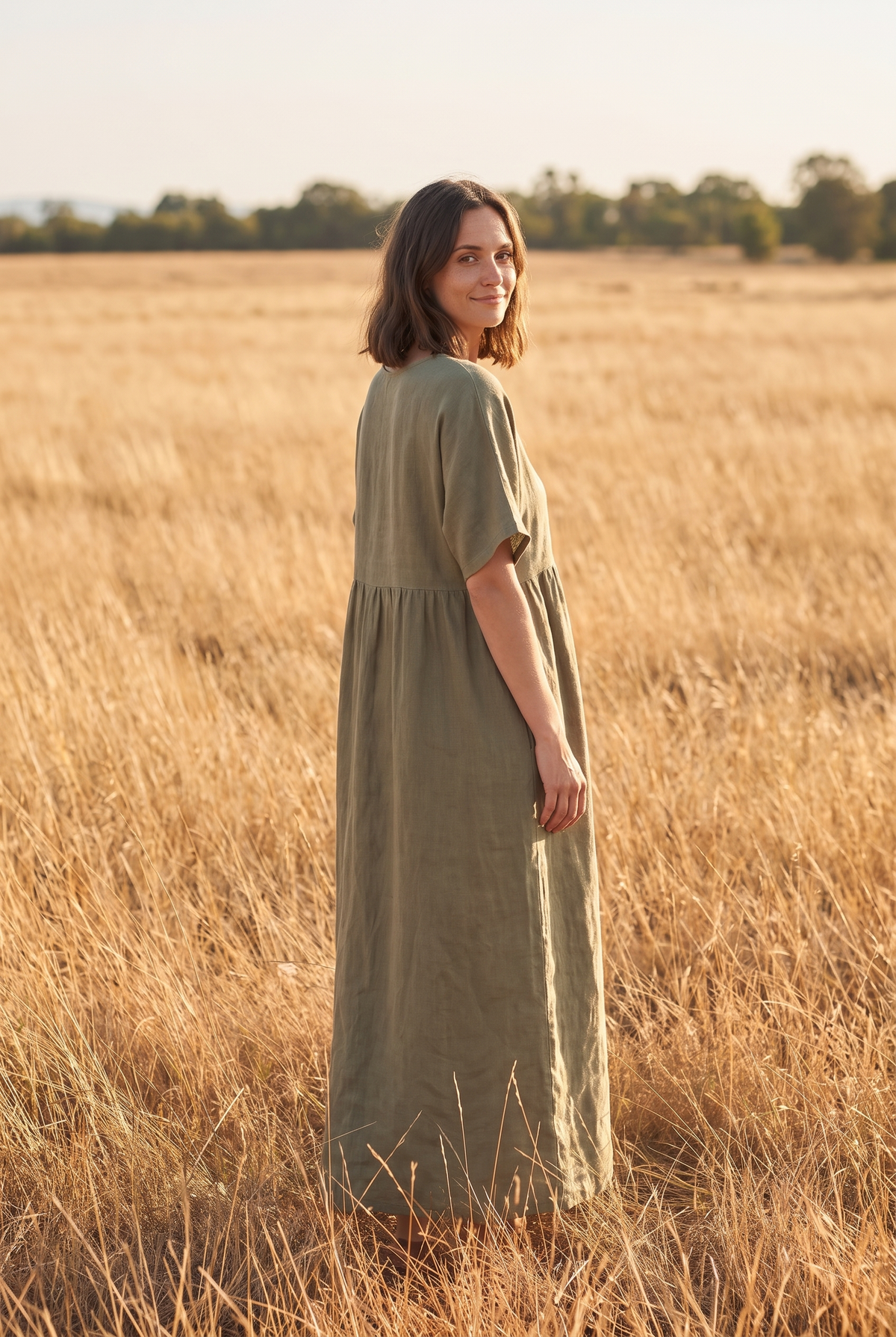 The Yarrow Maxi in Olive, over the shoulder