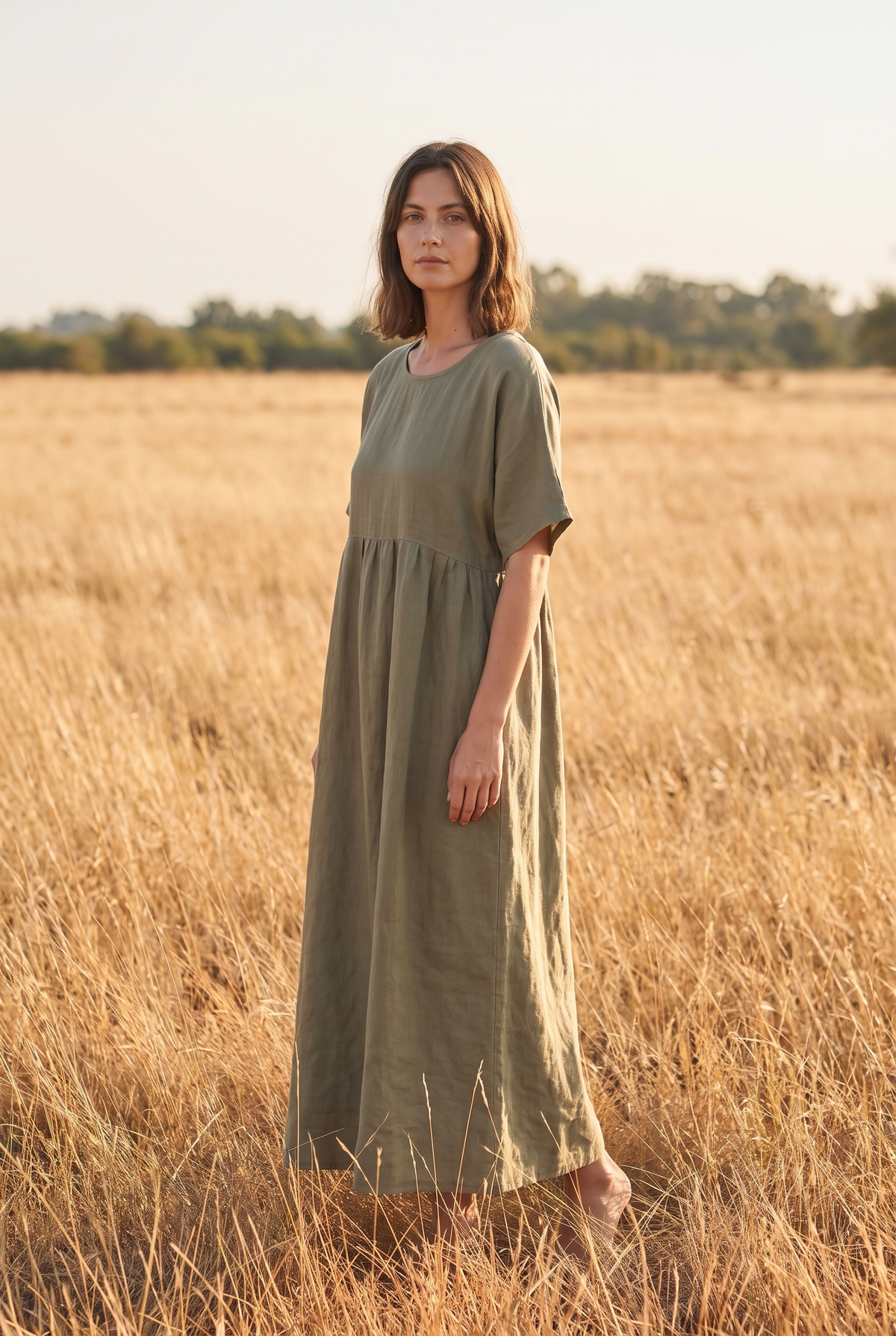 The Yarrow Maxi in Olive, three quarter view