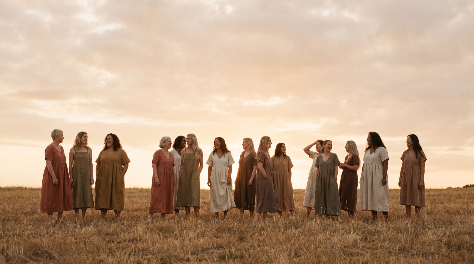Women of different ages standing together in a field at golden hour