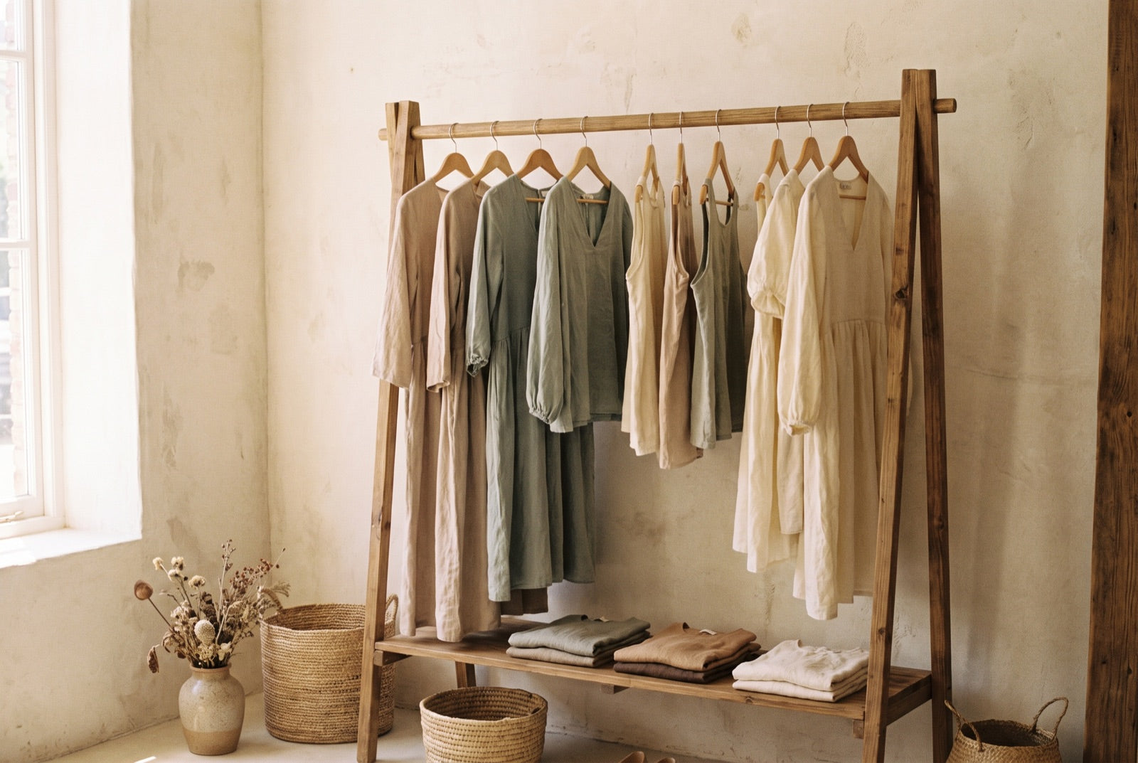 A rail of folded and hanging cotton dresses against a pale wall