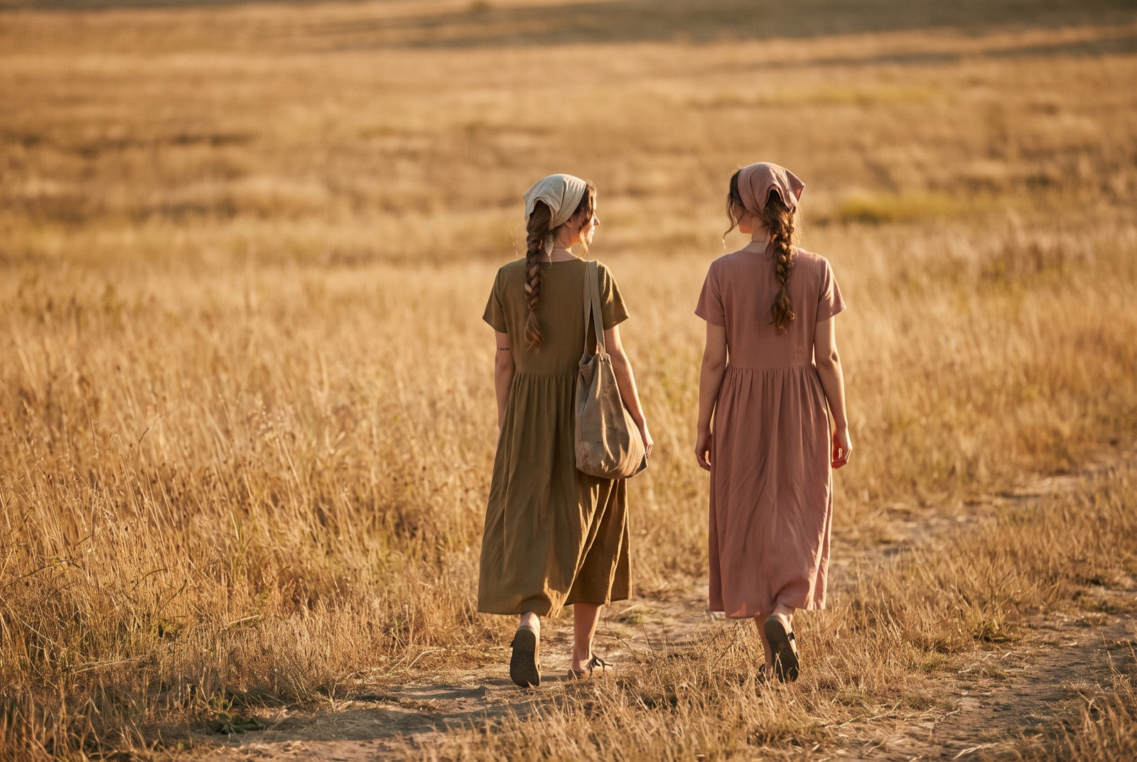 Two women walking together through a field at golden hour