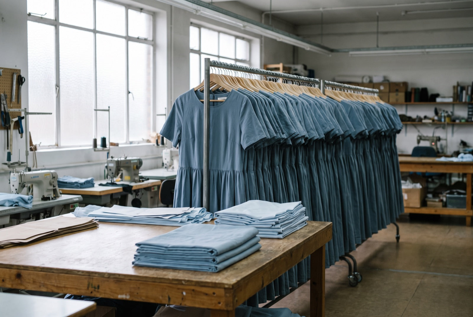 A long rail of cotton dresses in a bright workroom